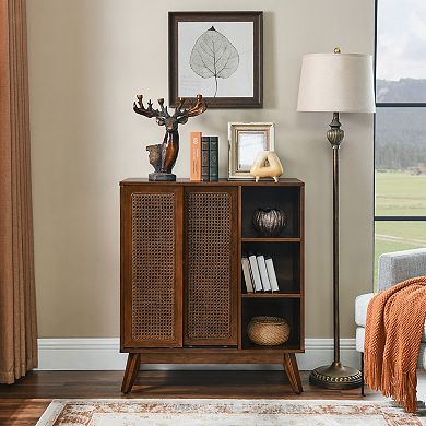 Aoolive Modern Rattan Sideboard, 2-Door Buffet Cabinet with Adjustable Shelves & Wood Legs