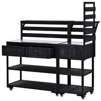 Aoolive 62" Wood Outdoor Potting Bench Table with Stainless Steel Top, Raised Shelf and Drawers
