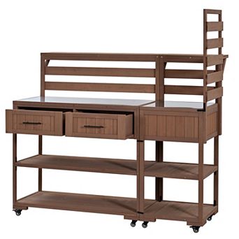Aoolive 62" Wood Outdoor Potting Bench Table with Stainless Steel Top, Raised Shelf and Drawers