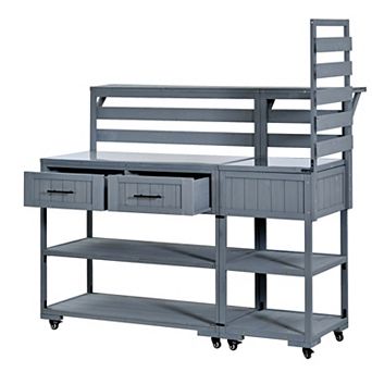 Aoolive 62" Wood Outdoor Potting Bench Table with Stainless Steel Top, Raised Shelf and Drawers