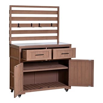 Aoolive Outdoor Potting Bench with Stainless Steel Top, Adjustable Shelving & 3 Movable Shelves
