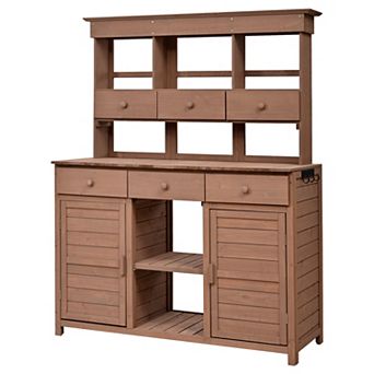 Aoolive Fir Wood Garden Potting Bench, 65.7" Tall Outdoor Storage Workstation with 6 Drawers