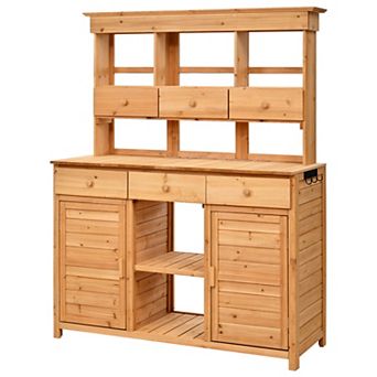 Aoolive Fir Wood Garden Potting Bench, 65.7" Tall Outdoor Storage Workstation with 6 Drawers
