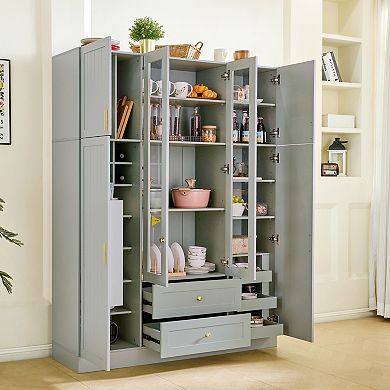 Aoolive Modern 53" Kitchen Pantry, 6-Door Storage Cabinet with Wine Rack, Pull-Out Trays & Drawers