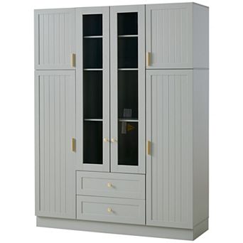 Aoolive Modern 53" Kitchen Pantry, 6-Door Storage Cabinet with Wine Rack, Pull-Out Trays & Drawers