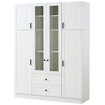 Aoolive Modern 53" Kitchen Pantry, 6-Door Storage Cabinet with Wine Rack, Pull-Out Trays & Drawers