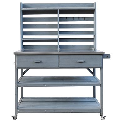 Aoolive 65" Solid Fir Wood Outdoor Potting Bench with Stainless Steel Top & Locking Wheels