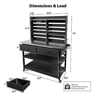 Aoolive 65" Solid Fir Wood Outdoor Potting Bench with Stainless Steel Top & Locking Wheels