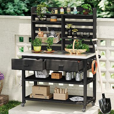 Aoolive 65" Solid Fir Wood Outdoor Potting Bench with Stainless Steel Top & Locking Wheels