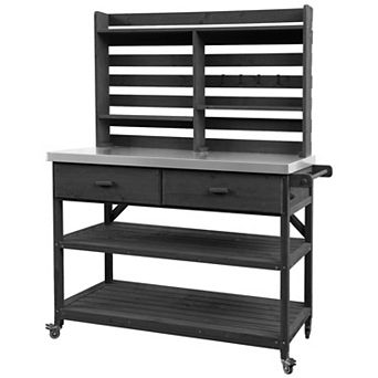 Aoolive 65" Solid Fir Wood Outdoor Potting Bench with Stainless Steel Top & Locking Wheels
