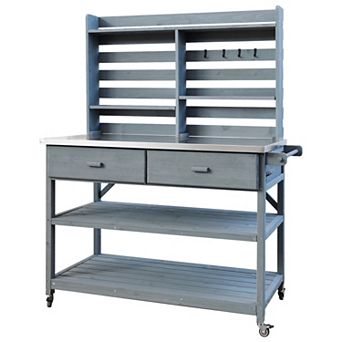 Aoolive 65" Solid Fir Wood Outdoor Potting Bench with Stainless Steel Top & Locking Wheels