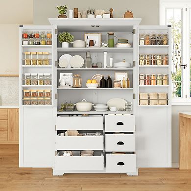 Aoolive Shaker Style 72" Kitchen Pantry Cabinet with 3 Drawers, Adjustable Shelves & Pull-Out Trays