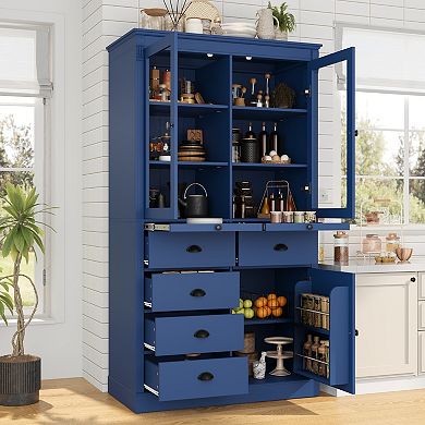 Aoolive 72" Kitchen Pantry Cabinet, Coffee Bar Cabinet with Glass Doors & Pull-Out Serving Trays