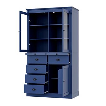 Aoolive 72" Kitchen Pantry Cabinet, Coffee Bar Cabinet with Glass Doors & Pull-Out Serving Trays