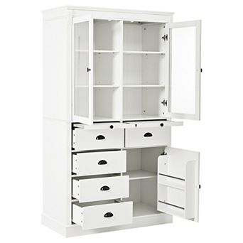 Aoolive 72" Kitchen Pantry Cabinet, Coffee Bar Cabinet with Glass Doors & Pull-Out Serving Trays