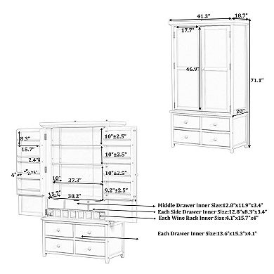 Aoolive Solid Pine Large Kitchen Pantry, Freestanding Storage Cabinet with Wine Rack & 7 Drawers