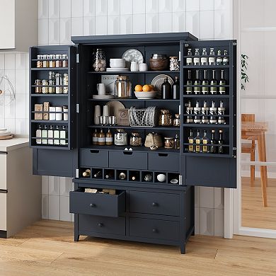 Aoolive Solid Pine Large Kitchen Pantry, Freestanding Storage Cabinet with Wine Rack & 7 Drawers
