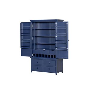 Aoolive Solid Pine Large Kitchen Pantry, Freestanding Storage Cabinet with Wine Rack & 7 Drawers