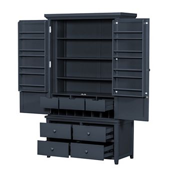 Aoolive Solid Pine Large Kitchen Pantry, Freestanding Storage Cabinet with Wine Rack & 7 Drawers