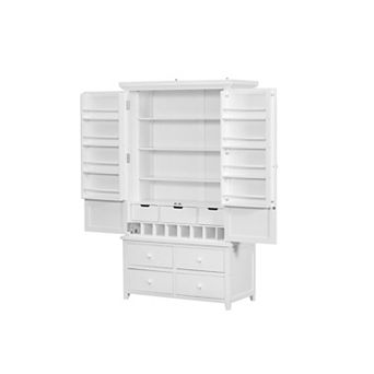 Aoolive Solid Pine Large Kitchen Pantry, Freestanding Storage Cabinet with Wine Rack & 7 Drawers