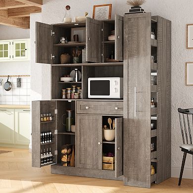 Aoolive 70" Kitchen Pantry Cabinet with Hutch, Pull-Out Side Storage & Adjustable Door Shelves