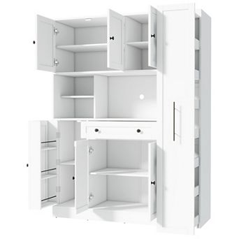 Aoolive 70" Kitchen Pantry Cabinet with Hutch, Pull-Out Side Storage & Adjustable Door Shelves
