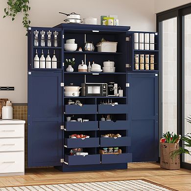 Aoolive 70.9" Freestanding Kitchen Pantry Cabinet with 8 Pull-Out Trays & Adjustable Shelves