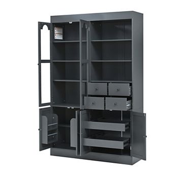 Aoolive 75" Shaker Kitchen Pantry Cabinet with Hutch, 6-Door Buffet with 4 Drawers & Pull-Out Trays