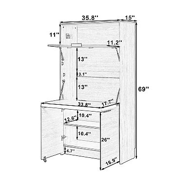 Aoolive 69" Kitchen Pantry Buffet with Foldable Workstation, Power Outlet & Storage Cabinet