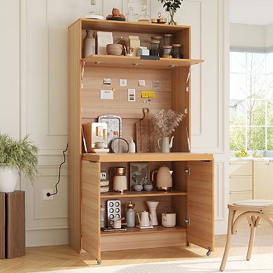 Aoolive 69" Kitchen Pantry Buffet with Foldable Workstation, Power Outlet & Storage Cabinet