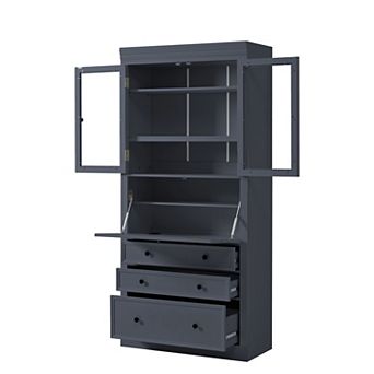 Aoolive 78" Shaker Kitchen Pantry Cabinet with Power Outlet, 3 Drawers & Glass Doors