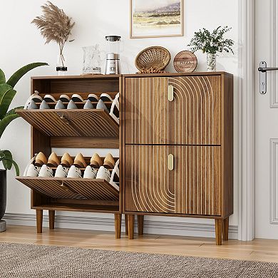 Aoolive Modern 2-Drawer Flip Down Shoe Rack Storage Cabinet with Adjustable Shelves