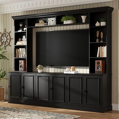 Aoolive 97" Mid-Century 4-Piece Wall Unit Entertainment Center & Bookshelf for TVs up to 70"