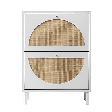 Aoolive Modern 2-Door Rattan Shoe Rack - Dual-Layer Entryway Organizer with Metal Base