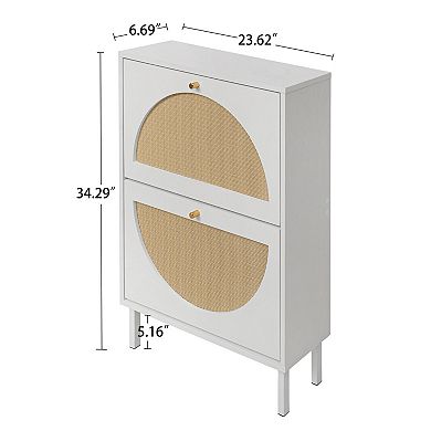 Aoolive Modern 2-Door Rattan Shoe Rack - Dual-Layer Entryway Organizer with Metal Base