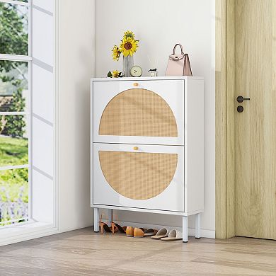 Aoolive Modern 2-Door Rattan Shoe Rack - Dual-Layer Entryway Organizer with Metal Base