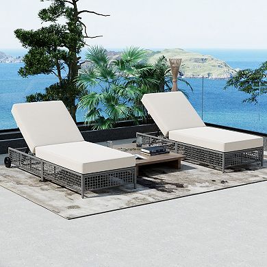 Aoolive Set of 2 Rattan Patio Chaise Lounge Chairs with Wheels & Adjustable 5-Position Backrest