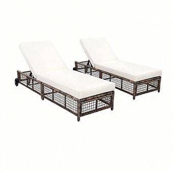 Aoolive Set of 2 Rattan Patio Chaise Lounge Chairs with Wheels & Adjustable 5-Position Backrest