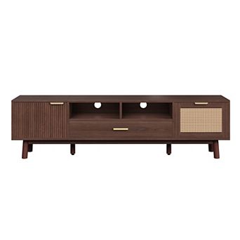 Aoolive Boho Wood TV Stand for TVs up to 75", Modern Entertainment Center with Rattan Door
