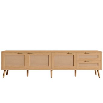 Aoolive 70" Modern Rattan TV Stand with 2 Drawers and Solid Wood Legs for TVs up to 80"