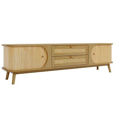 Aoolive 75" Modern TV Stand Rattan Media Console with Solid Wood Legs & 2 Drawers