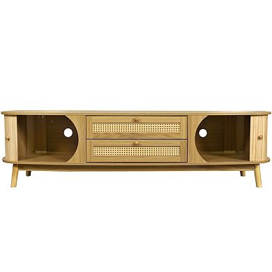 Aoolive 75" Modern TV Stand Rattan Media Console with Solid Wood Legs & 2 Drawers