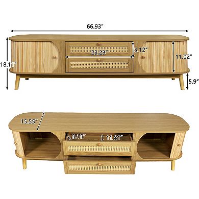 Aoolive 75" Modern TV Stand Rattan Media Console with Solid Wood Legs & 2 Drawers
