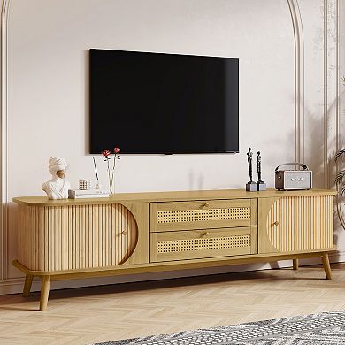 Aoolive 75" Modern TV Stand Rattan Media Console with Solid Wood Legs & 2 Drawers