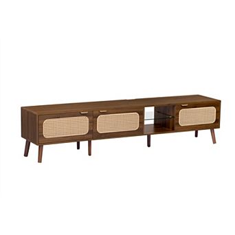 Aoolive 78" Boho Rattan TV Stand for 85-inch TVs, Mid-Century Media Console with Glass Shelves