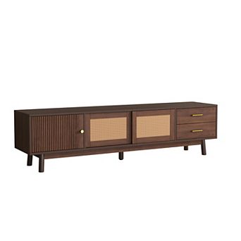 Aoolive Mid Century Modern 70" Rattan TV Stand with Sliding Doors & Drawers for TVs up to 80"