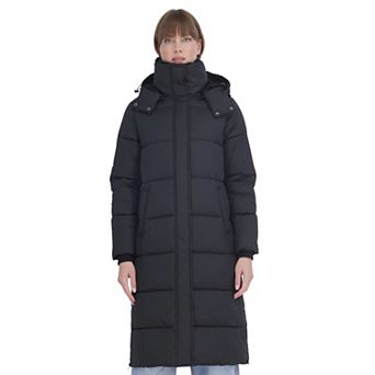 Women's Sebby Collection Long Puffer Coat with Faux Fur Collar & Lined Hood