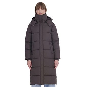 Women's Sebby Collection Long Puffer Coat with Faux Fur Collar & Lined Hood