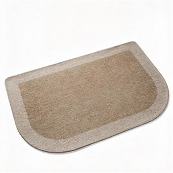 Beige semicircular thin bath mat rubber backed absorbent quick dry washable