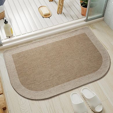 Beige semicircular thin bath mat rubber backed absorbent quick dry washable